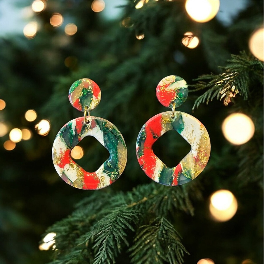 Perfectly imperfect by Heather. Colorful Abstract Hoop Christmas Earrings
